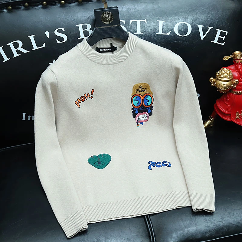 内米霍切冬季加厚毛衣时尚卡通刺绣高端圆领长袖针织衫冬装打底衫