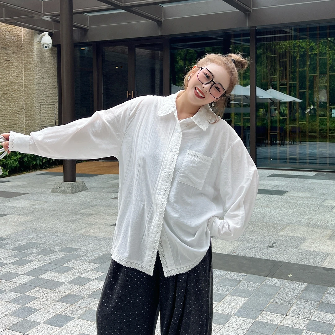 媛子大码法式甜美蕾丝拼接衬衫秋季新款胖mm宽松遮肉休闲时尚上衣