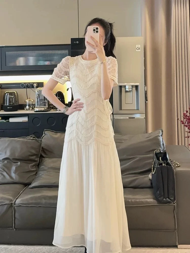 法式名媛风气质短袖连衣裙女2025夏季新款高级感绝美收腰显瘦长裙