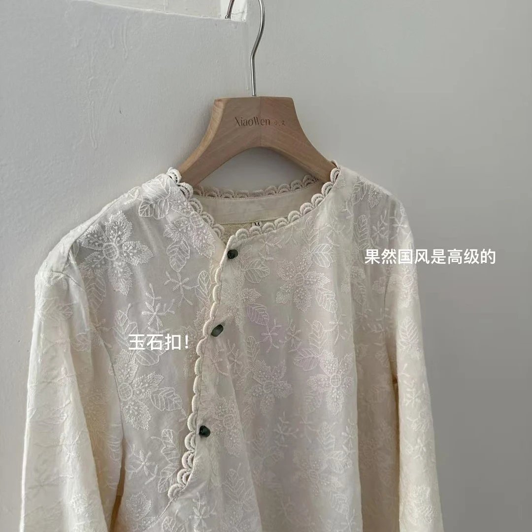 小文姐 W1074-春夏新中式国风衬衫纯色玉石扣上衣小衫长袖衬衣