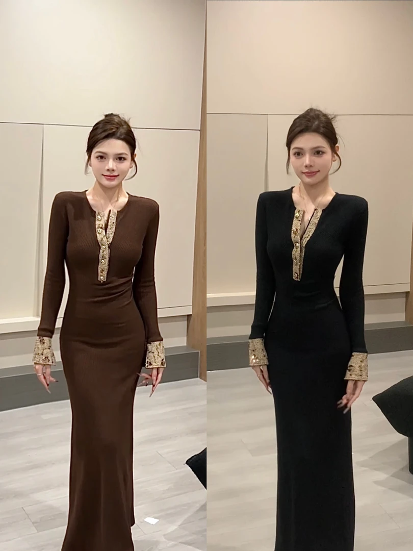 【苏苏】2025连衣裙长袖显瘦设计感打底法式长裙修身包臀裙子DT1082