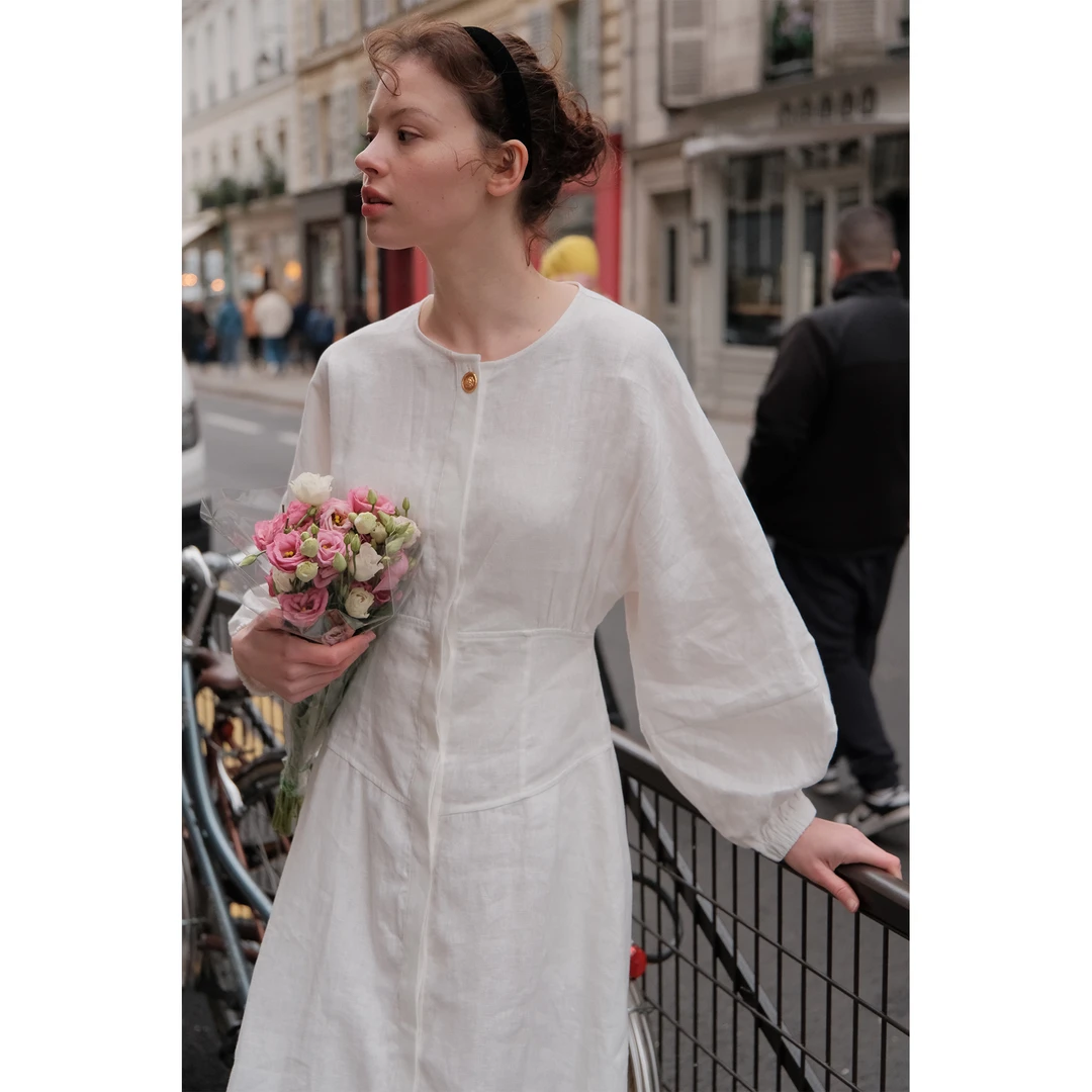 MAISON CECILE复古双色亚麻收腰灯笼袖连衣裙