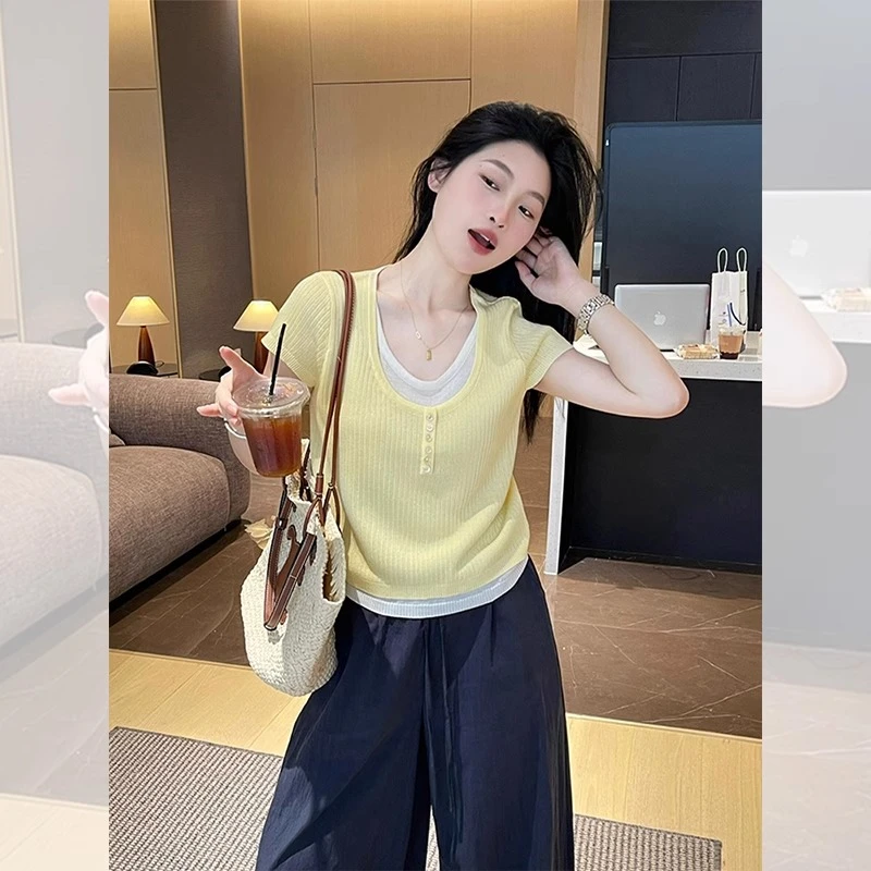 韩系黄色u领假两件短袖t恤女夏季小个子独特绝美短款冰丝针织上衣
