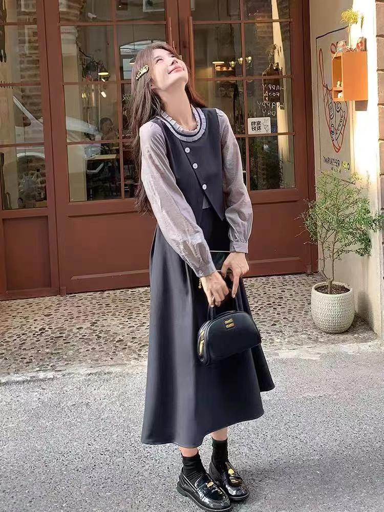 灰色假两件长袖连衣裙女早秋2025新款法式高级感轻熟气质显瘦长裙