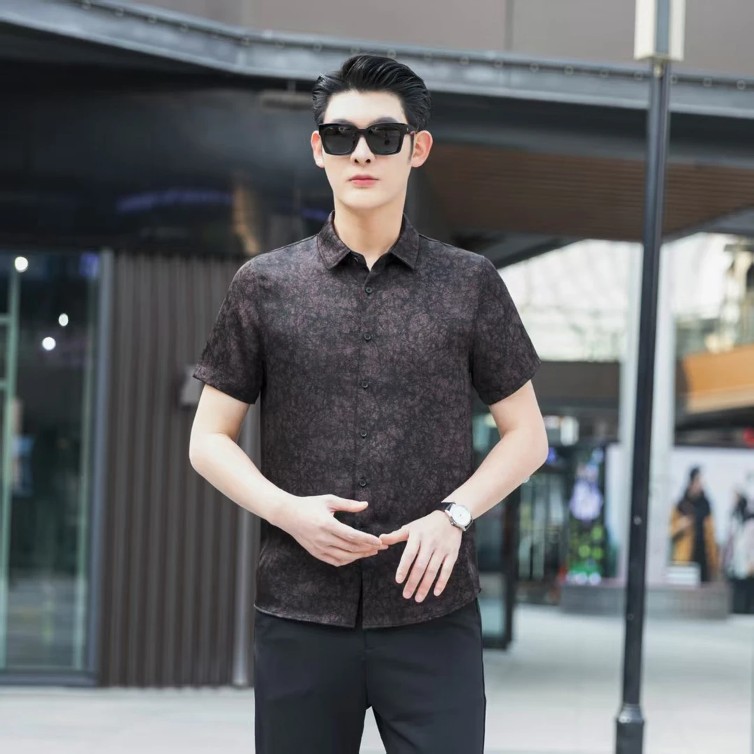 【丝航丝绸】夏季休闲香云纱衬衫男短袖宽松高档桑蚕丝薄款半袖上衣