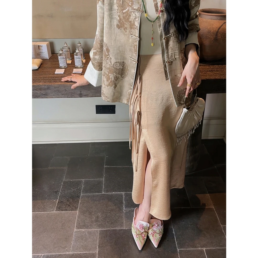 【云C专属】三吉黑花【月下花斓】新中式缎面半身裙女2024新款春秋A字