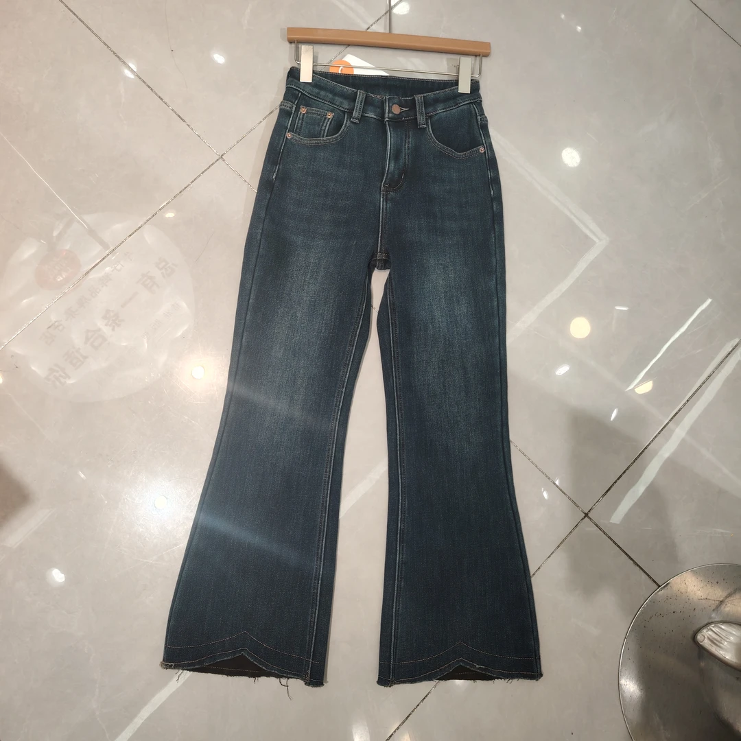 2186高腰显瘦微喇新款蓝色弹力修身百搭裤