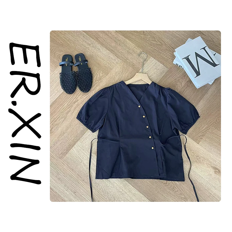 ’法式休闲‘  掐腰斜扣  夏季新款短袖上衣