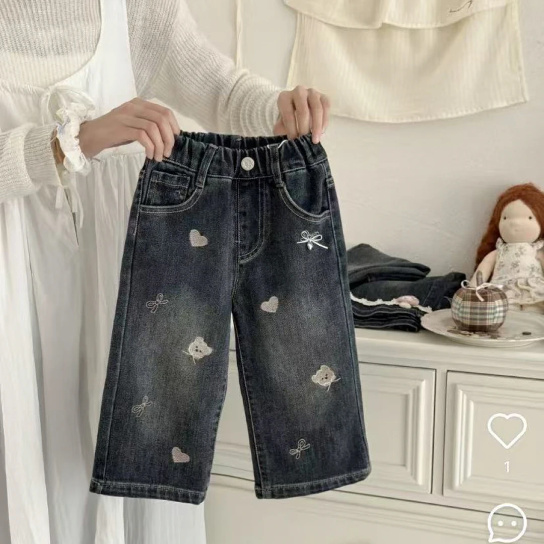 2025秋冬新款韩版女童加绒牛仔裤中大童宽松休闲直筒裤加厚一体绒