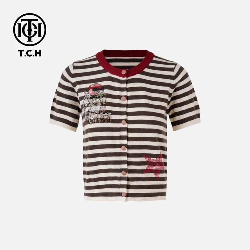 TCH私服烫钻工艺时尚休闲条纹百搭针织开衫女T75A43E5042轻奢tch