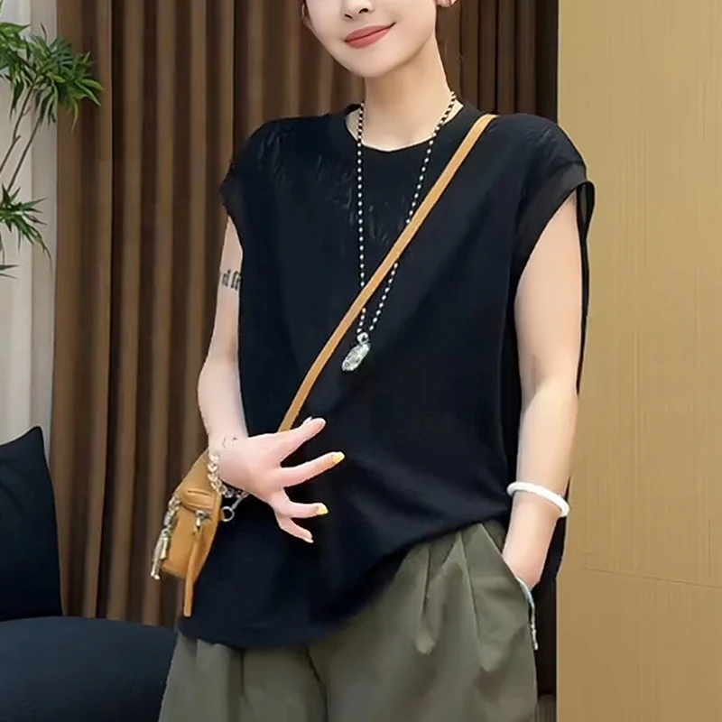 2025夏季新款黑色短袖T恤女宽松显瘦减龄薄款遮肚设计感体恤上衣