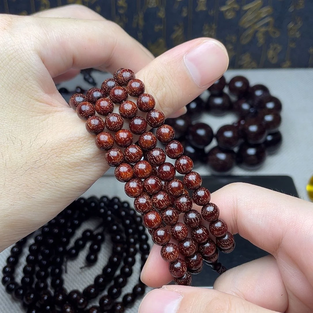 檀香紫檀（小叶紫檀）0.6 108颗 鸡血红泥料 爆满金星