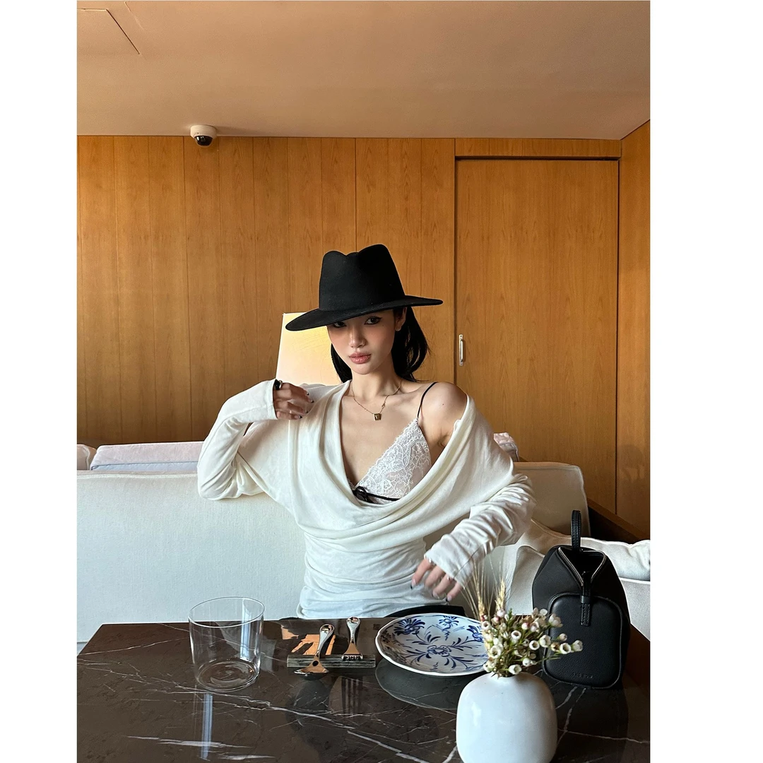 韩系气质针织荡领褶皱收腰T恤上衣蕾丝深V领背心吊带配休闲裤套装