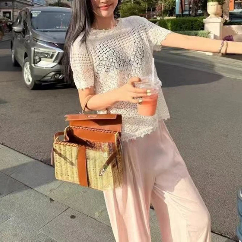 丹姐家~夏季甜美风镂空短袖针织衫女上衣