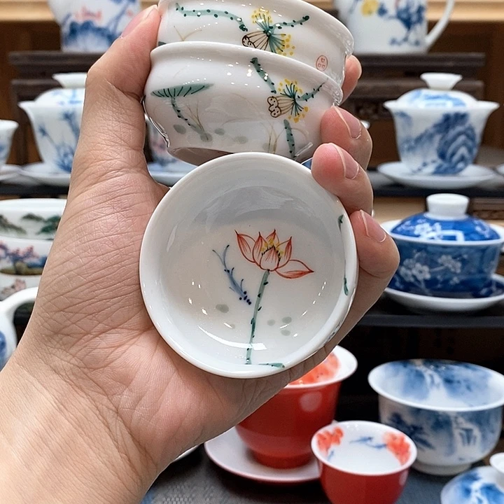 手绘三个装五色彩莲杯子60cc釉下彩微瑕福利款