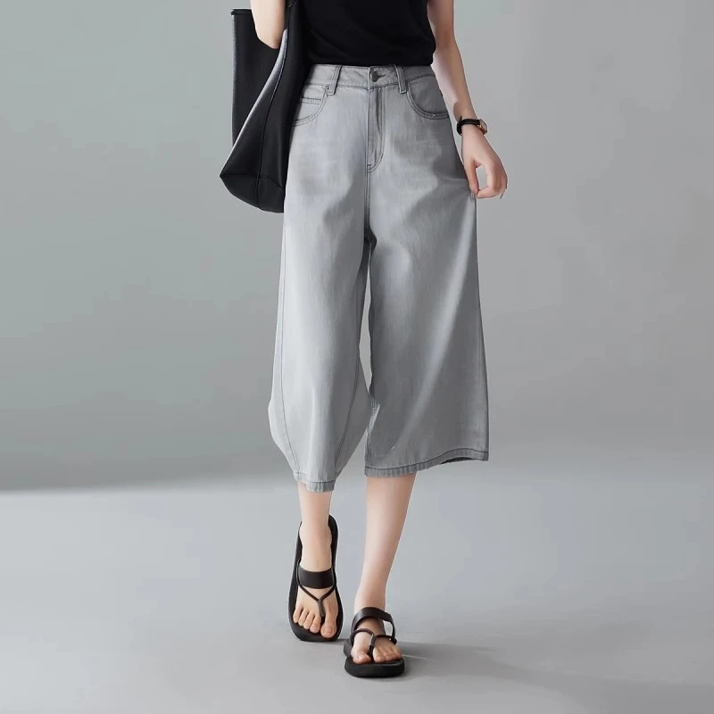 夏季薄款高腰宽松七分阔腿牛仔裤2025夏季新款直筒小个子八分显瘦