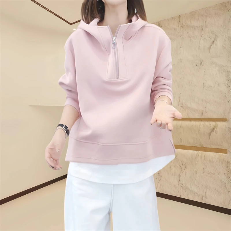 时尚连帽半拉链套头卫衣女宽松显瘦百搭纯色韩版上衣秋装新品2025