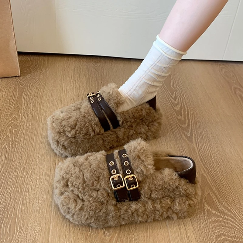 松糕厚底皮带扣勃肯毛毛鞋女冬外穿2025新款一脚蹬加绒豆豆鞋棉鞋