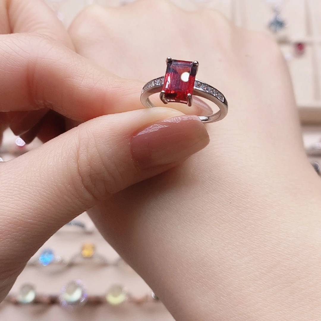 戒指石榴石银S925镶嵌戒指