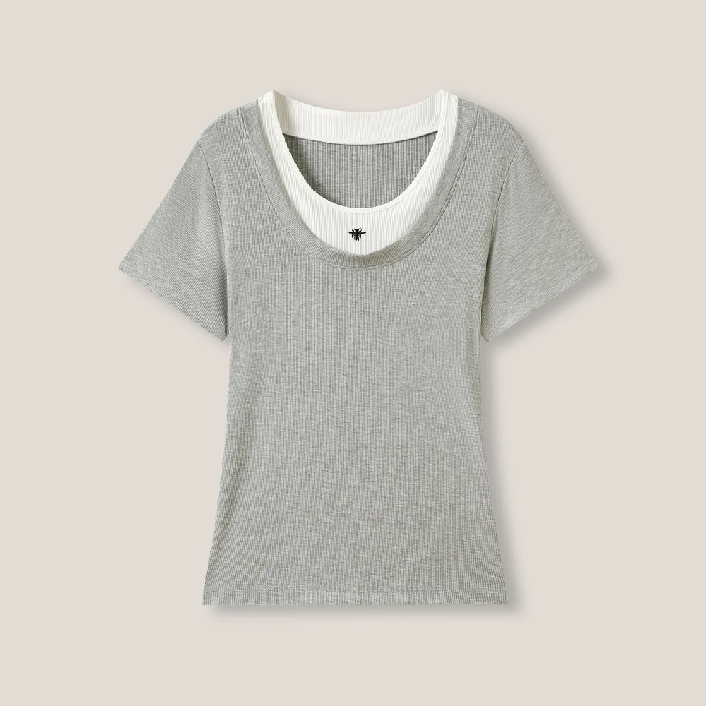 气质小蜜蜂刺绣 假两件时尚潮流百搭短袖T恤ss26259