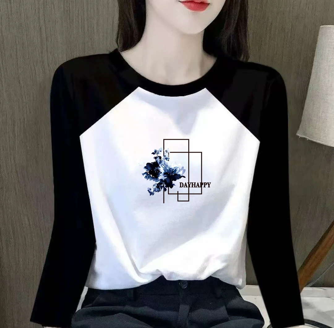 纯棉长袖t恤女士春秋新款撞色拼接打底衫时尚百搭圆领印花秋衣潮