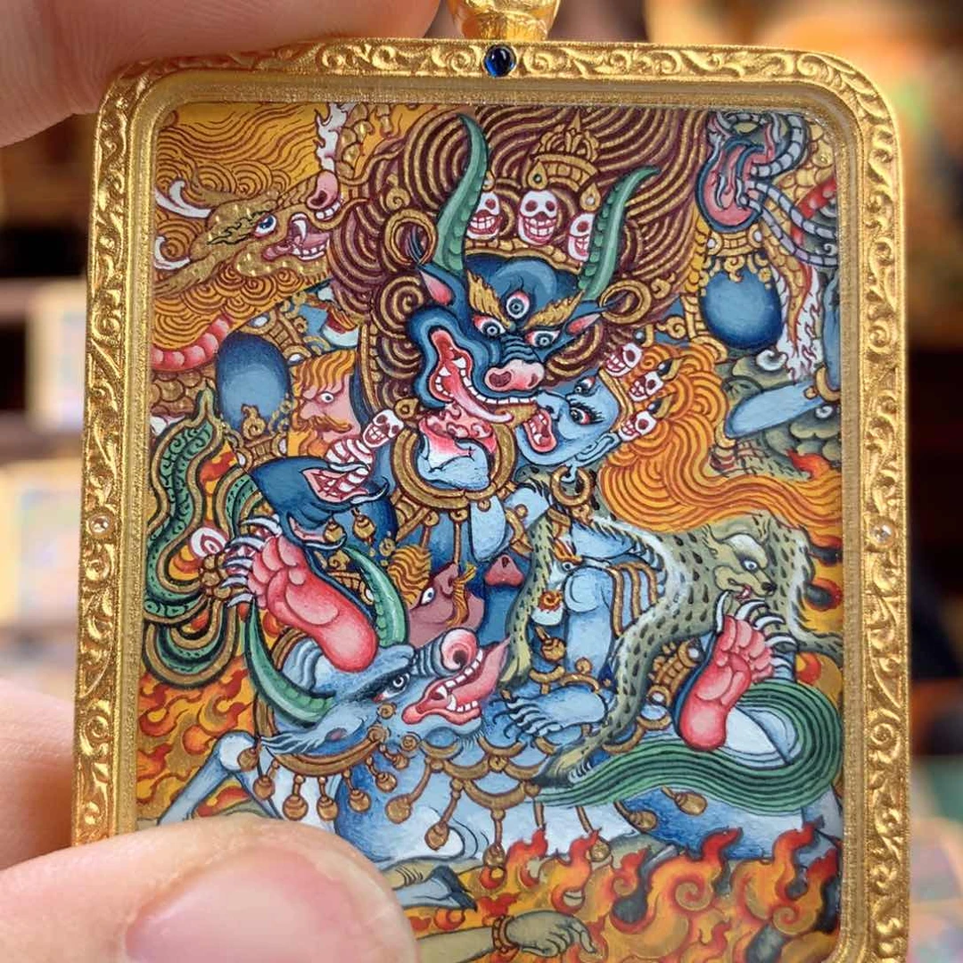 吊坠黄*热贡纯手绘唐卡阎魔敌