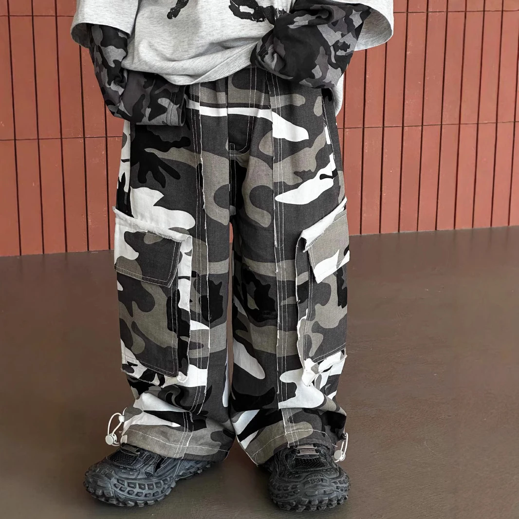 儿童2025春季新款裤子男童洋气长裤迷彩工装裤男孩潮流直筒裤休闲