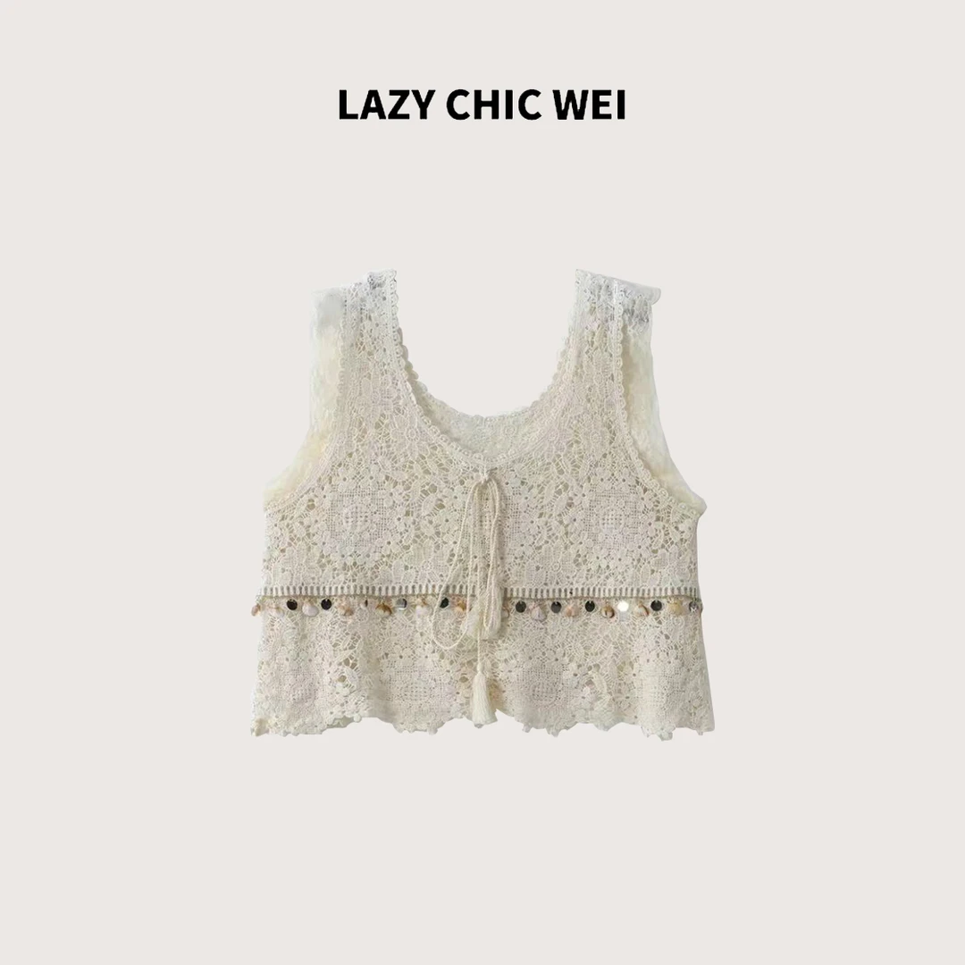LAZY CHIC WEI 100棉手工海螺水溶蕾丝南法度假风马甲2505SSW5164