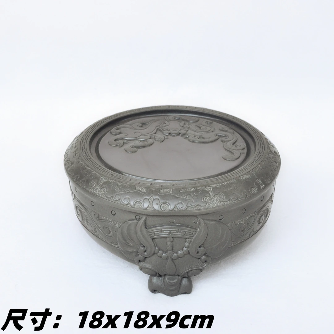 中国彩砚苴却砚手工雕刻精品砚台老坑绿料收藏仿古砚带脚神牛砚台