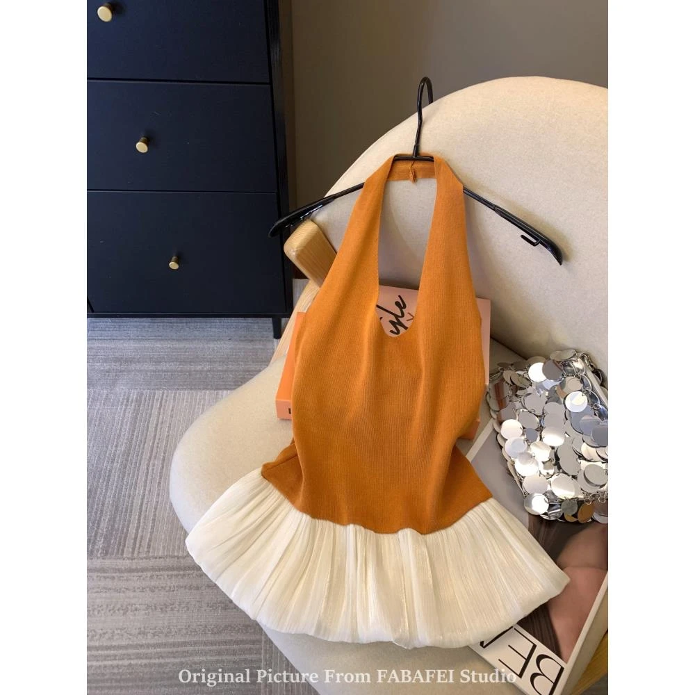 芭蕾风下摆荷叶边挂脖背心女夏季高级感花苞小衫纯欲露背无袖上衣