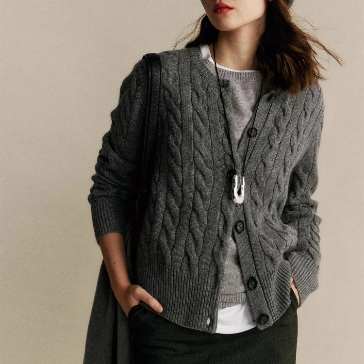 【原创不起球牦牛绒】秋冬加厚绞花圆领麻花羊毛衣开衫复古外套休闲