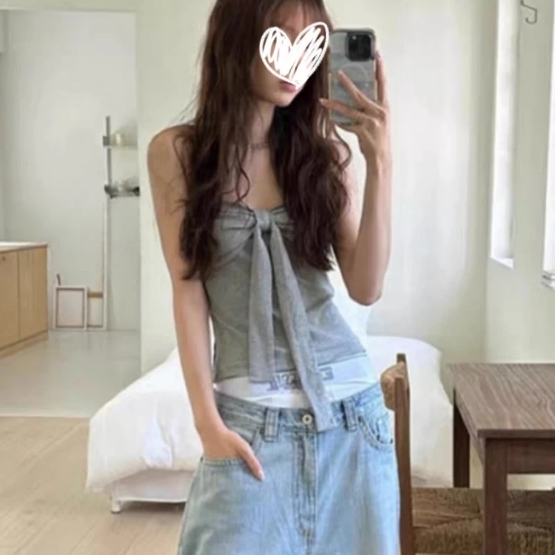 2025夏季新款蝴蝶结系带抹胸背心修身显瘦纯欲风性感甜辣妹女上衣