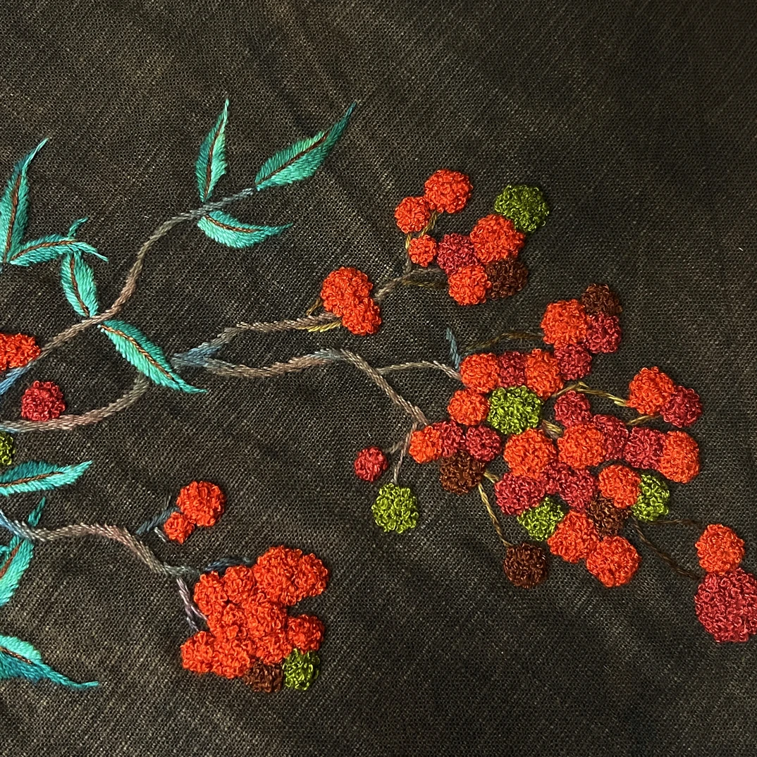 ［手绣红豆茶席］42x25柿染土布