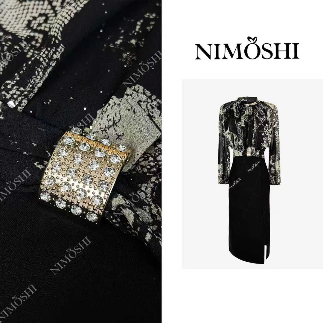 NIMOSHI【倩倩】秋季高级感网纱拼接不规则气质显瘦连衣裙Q2441