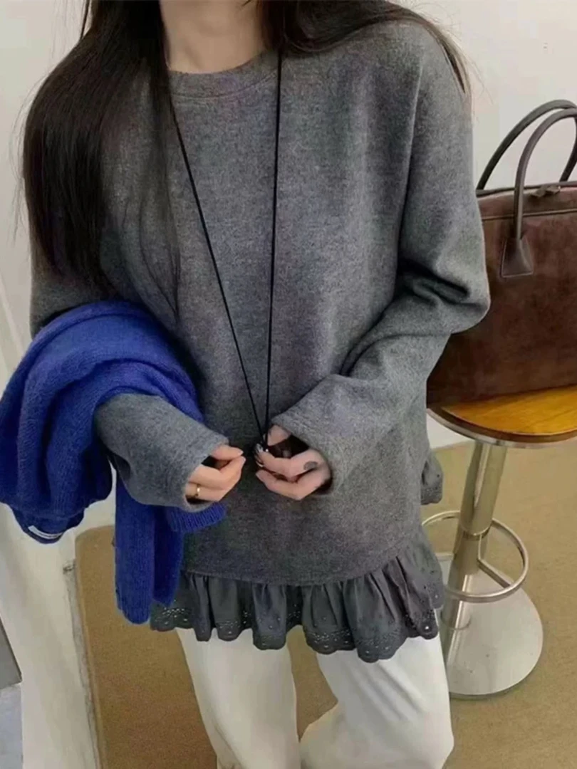 【娇娇精选&高端定制】1836韩系下摆花边拼接卫衣宽松圆领套头上衣