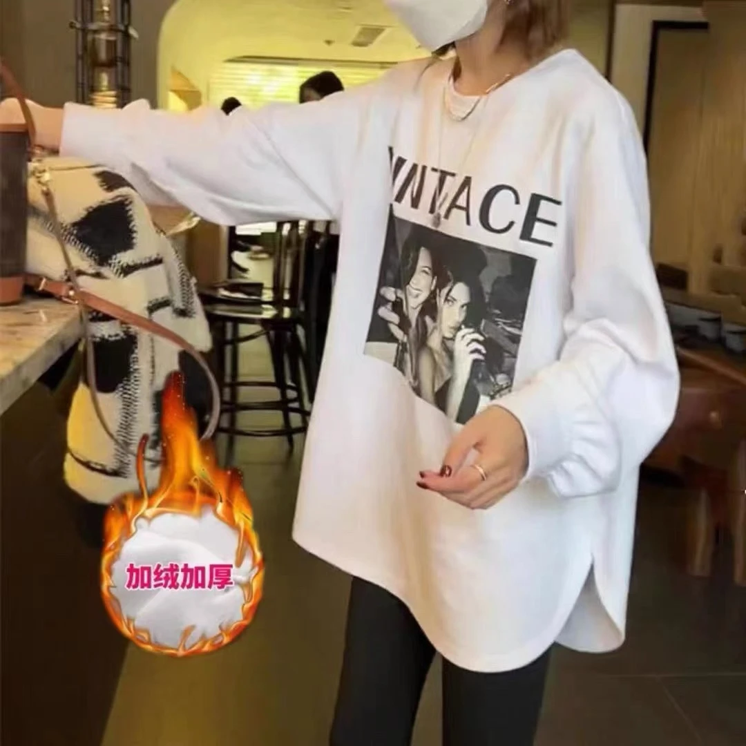 【欧美女孩】重工潮牌撞色加绒加厚打底白T恤上衣拼接宽松大版