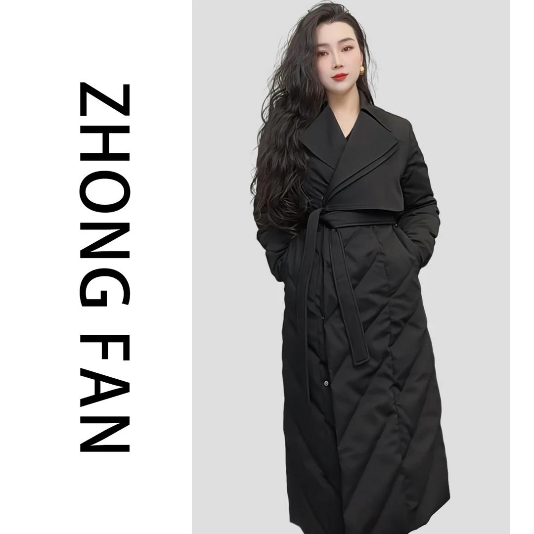 大翻领长款高级鹅绒服女2025年冬款过膝保暖加厚收腰外套洋气2616