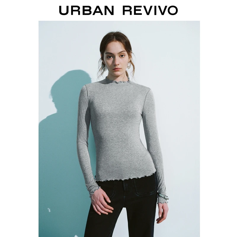 UR2025秋季新款女装休闲简约木耳边修身长袖T恤UWM450137+