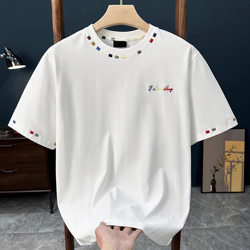 万针刺绣高级感短袖男夏季高品质纯棉圆领T恤2025爆款五分袖体恤