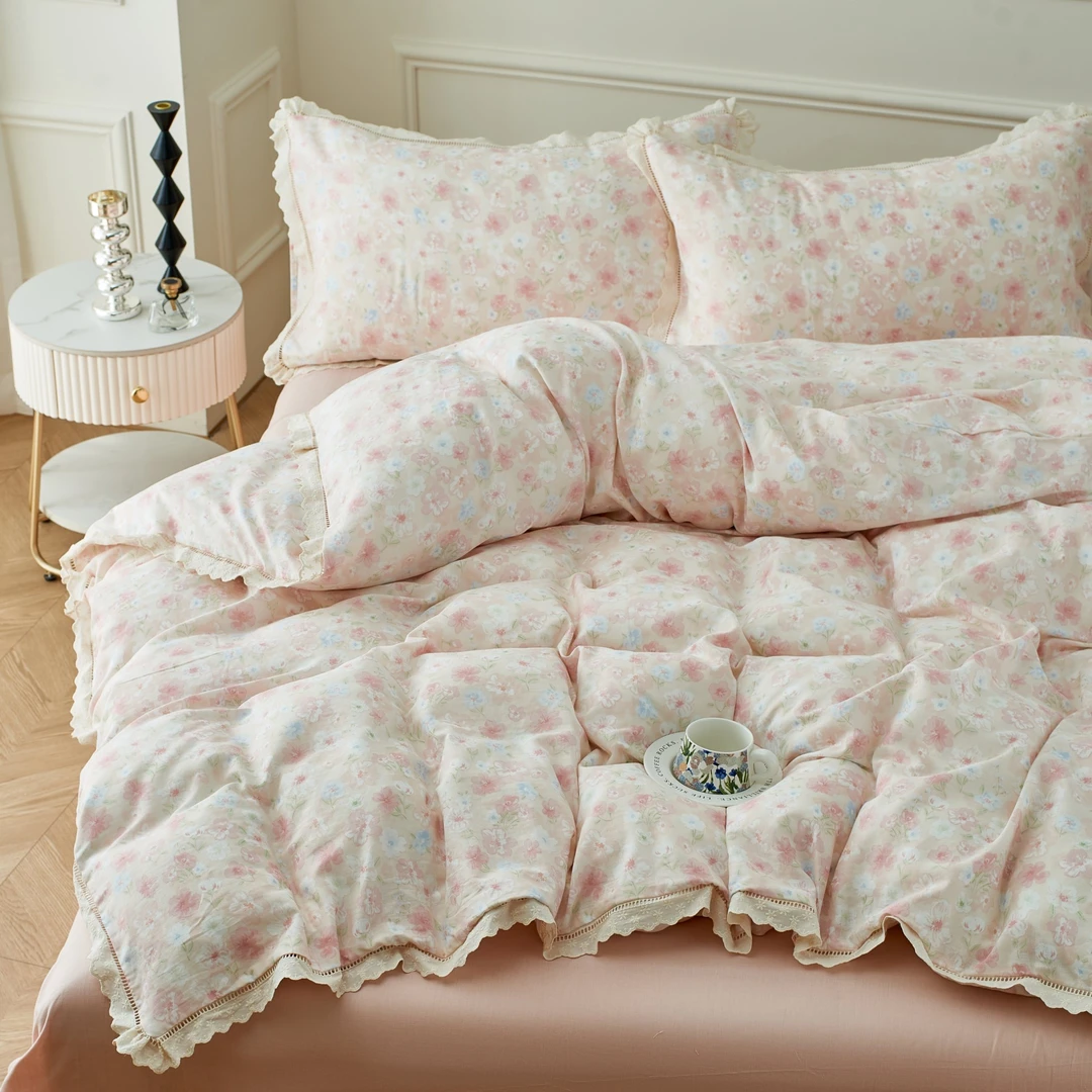 新款A类母婴级100%全棉双层纱花边款四件套三件套裸睡亲肤软透气