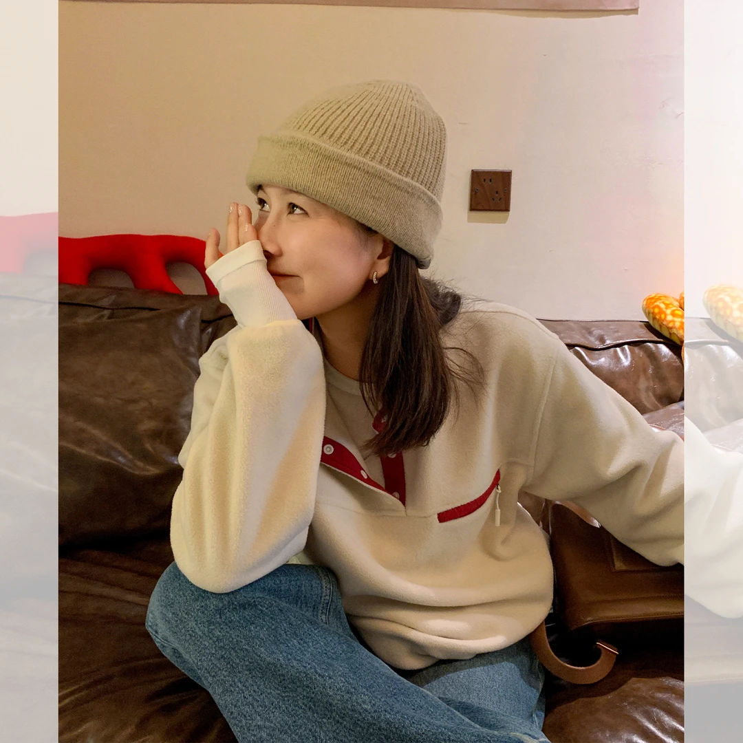 莉贝琳sisy摇粒绒外套女豹纹撞色半门襟长袖套头上衣S25409JC01