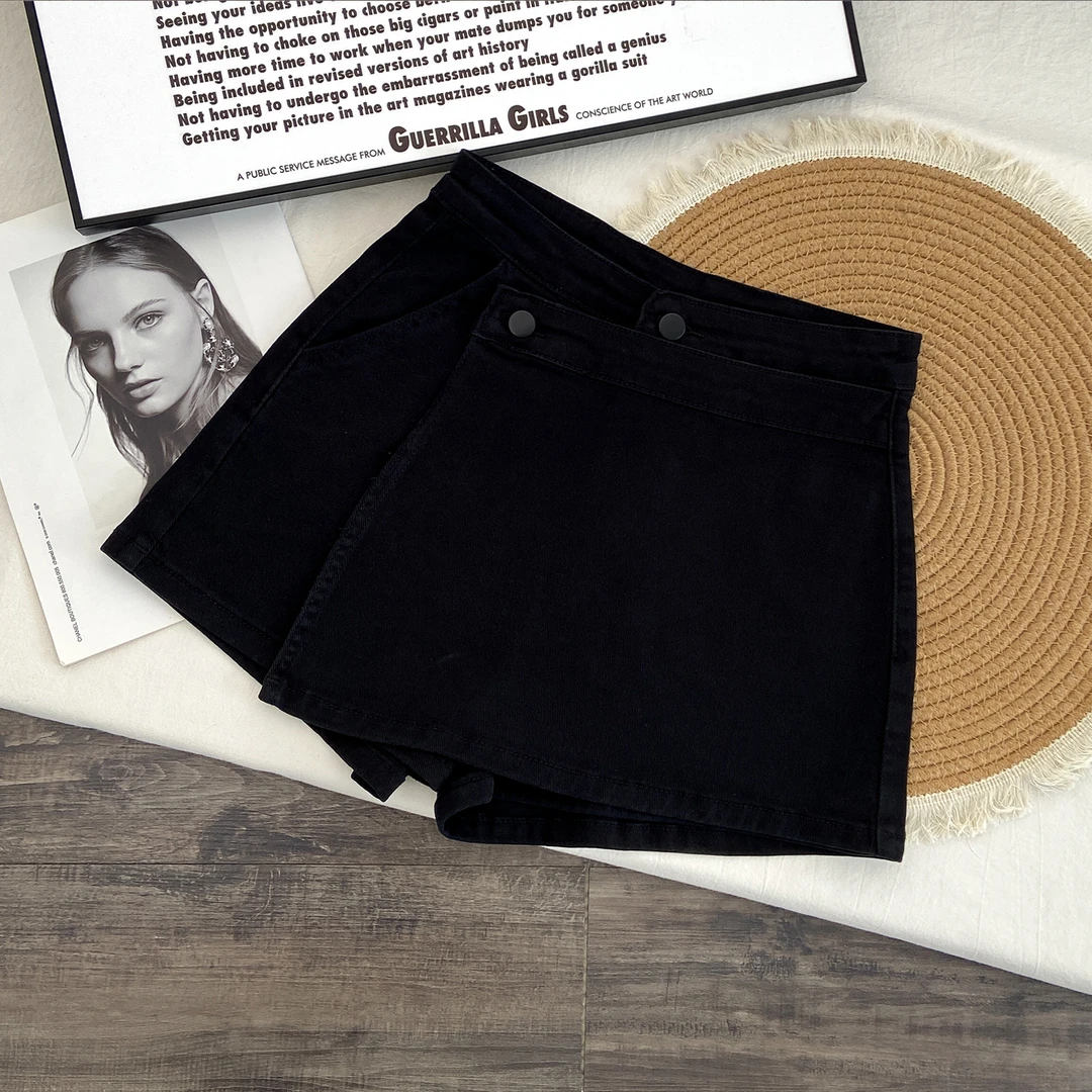 减龄女孩B备！黑色牛仔裤裙女秋季新款高腰显瘦设计感宽松短裤推荐