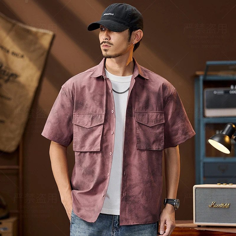 夏季新款复古冰丝泡泡肌理感花纹衬衫翻领宽松休闲百搭短袖衬衣男