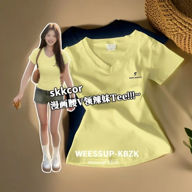 新款正肩V领短袖欧美夏季T恤修身设计感韩版纯欲风小众显瘦上衣女