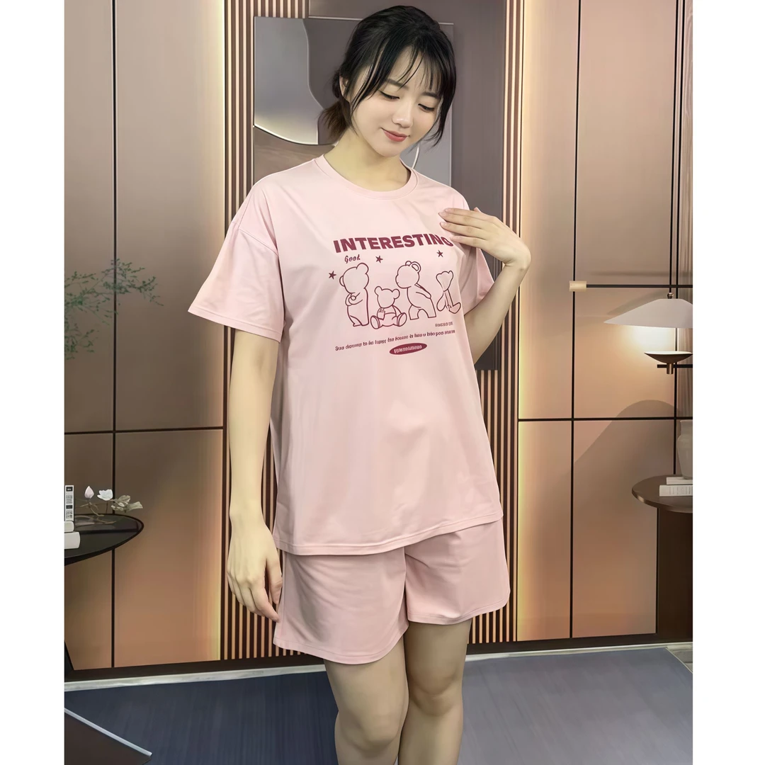 芬亿爽棉夏季短袖宽松家居服字母短袖纯色短裤宽松休闲睡衣女套装