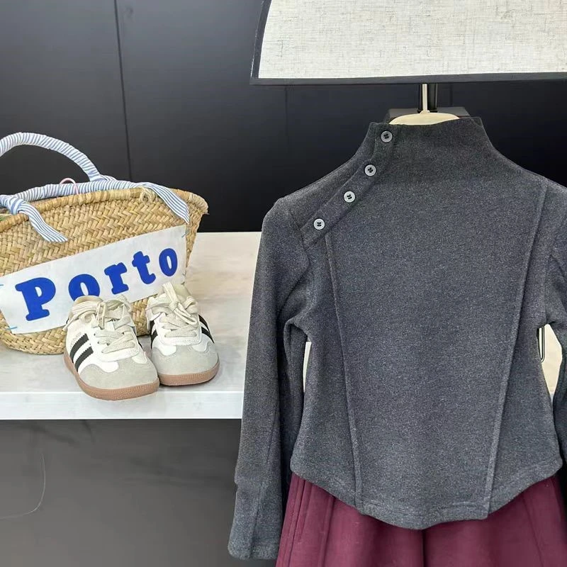 女童秋冬款打底衫儿童洋气半高领长袖T恤中大童磨毛加厚保暖上衣