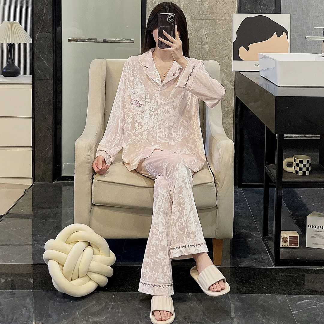 金丝绒睡衣女秋冬季长袖大码2025新款公主风粉色套装可外穿家居服