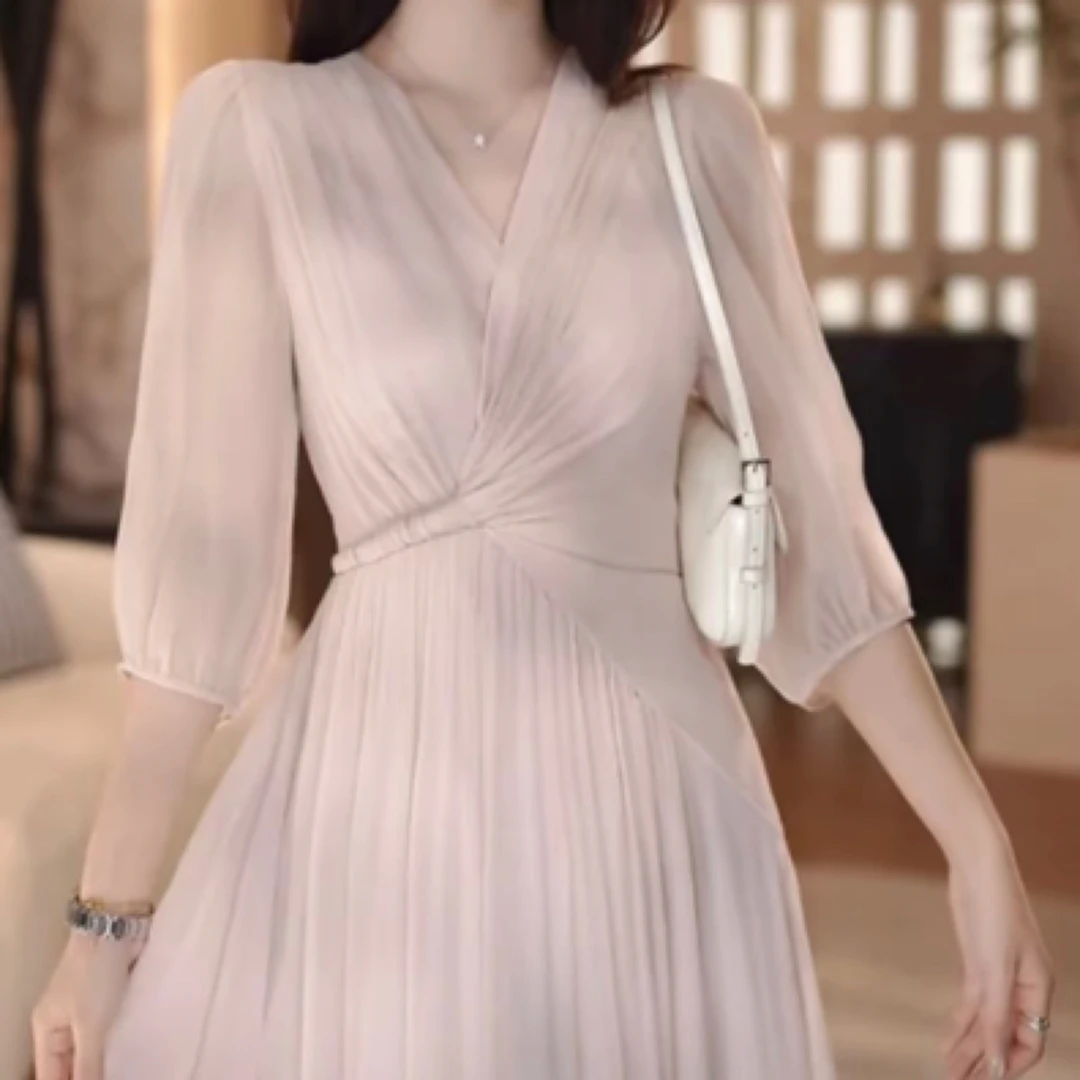夏季新款高腰显瘦遮肉连衣裙法式甜美气质粉色气质中长裙子潮ins