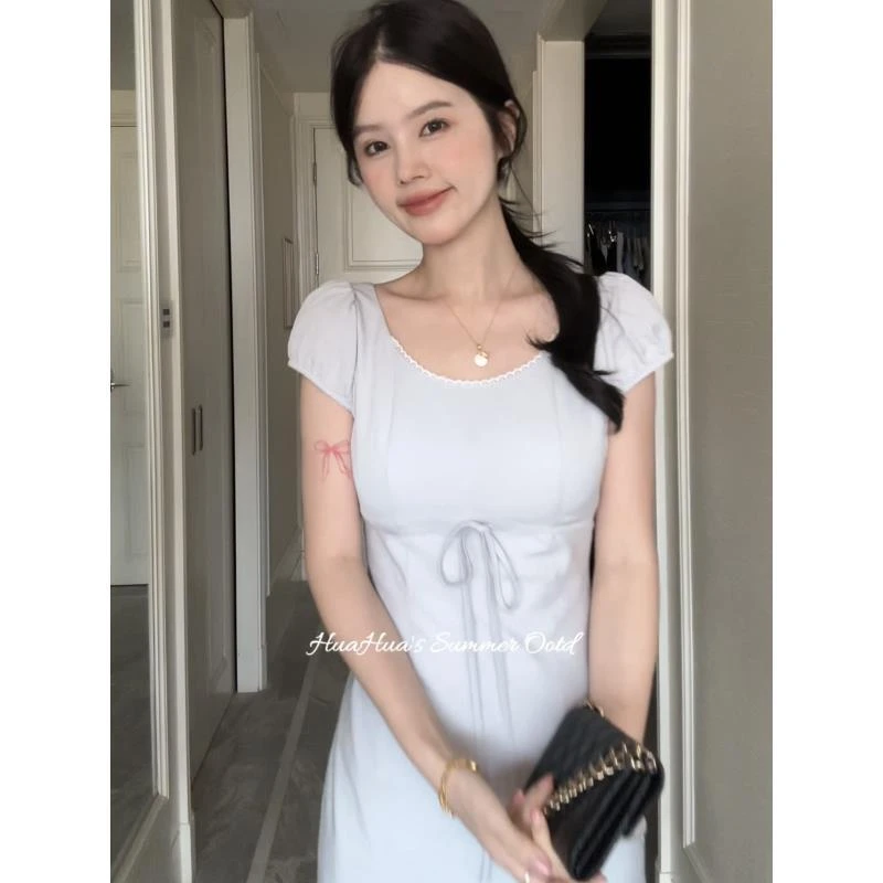 【花花】知性姐姐~韩系U领气质蝴蝶结简约显瘦A字连衣裙