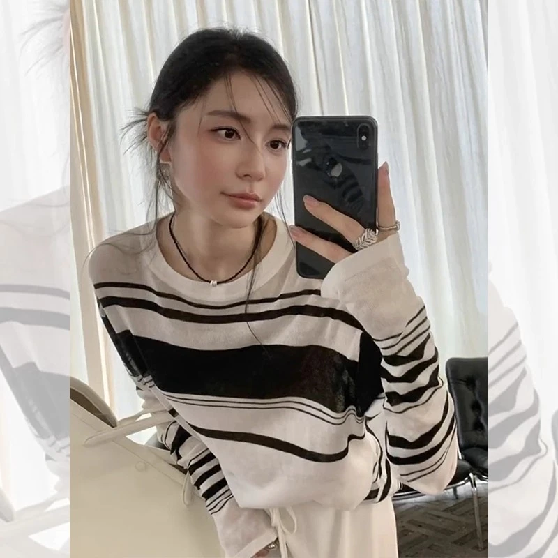黑白条纹针织长袖夏季正肩防晒罩衫t恤女装2025新款薄款微透上衣